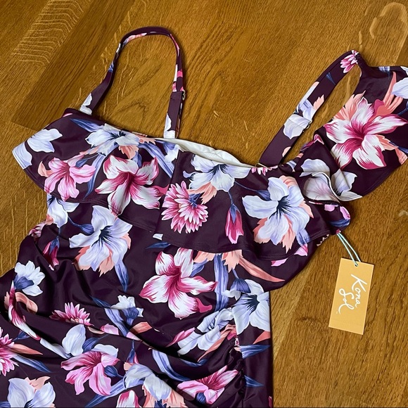 Kona Sol Floral Ruffle Shoulder One Piece Swimsuit Size 16W NWT - Picture 5 of 14